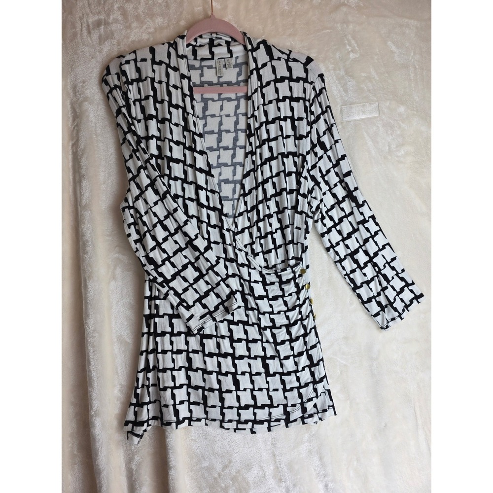 Madison Black White Geometric Print Wrap Style Dress Women's XL